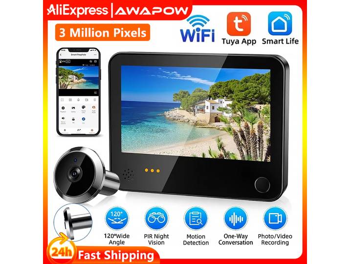 Awapow Tuya porte de Surveillance caméra judas intelligente interphone visuel caméra Radar numérique détection de mouvement sonnette vidéo sans fil
