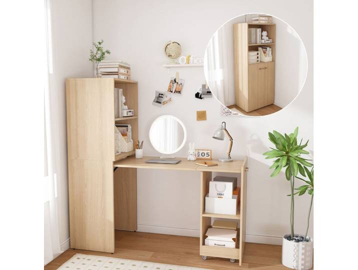 Secrétaire extensible – Bureau avec rangement en MDF – étagères réglables roulettes bois naturel