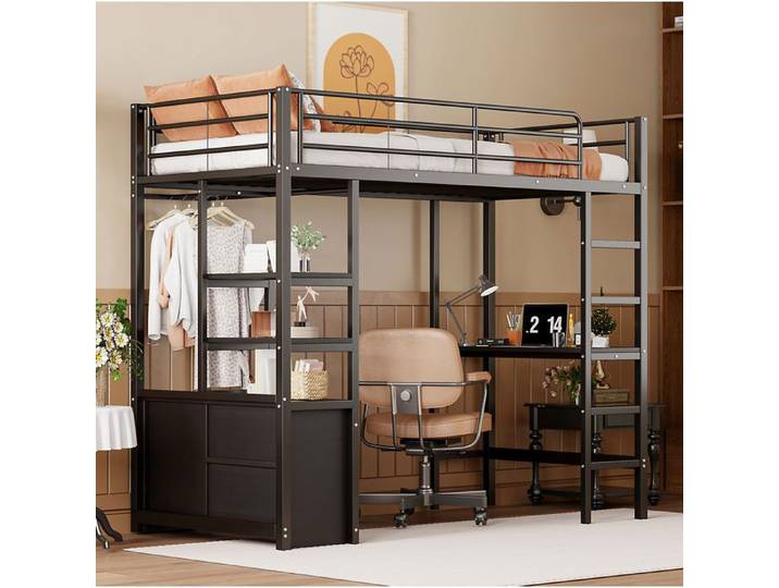 lit adulte 90x200 avec bureau rangement métal noir pour chambre jeunesse travail maison EVRYAE