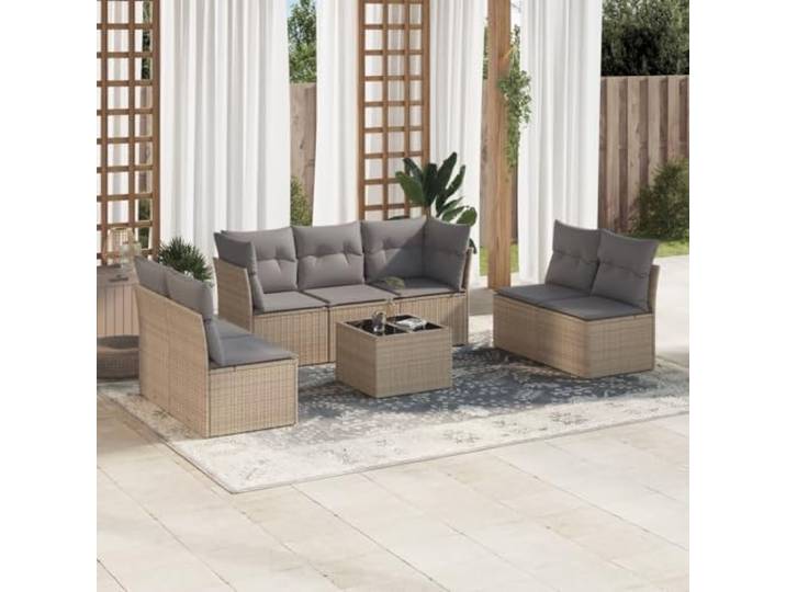 ZQQLVOO 8-TLG. Rattan Sofagarnitur Beige Mit Kissen Modulares Design, Hartglastisch, Abnehmbare Waschbare Bezüge, Wetterbeständig