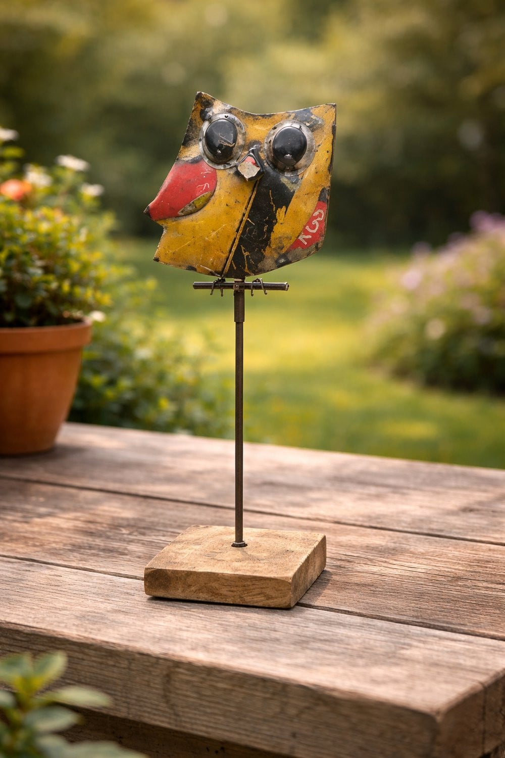 Lin Wonen Handgemaakte Uil van Gerecycled IJzer met Houten Standaard