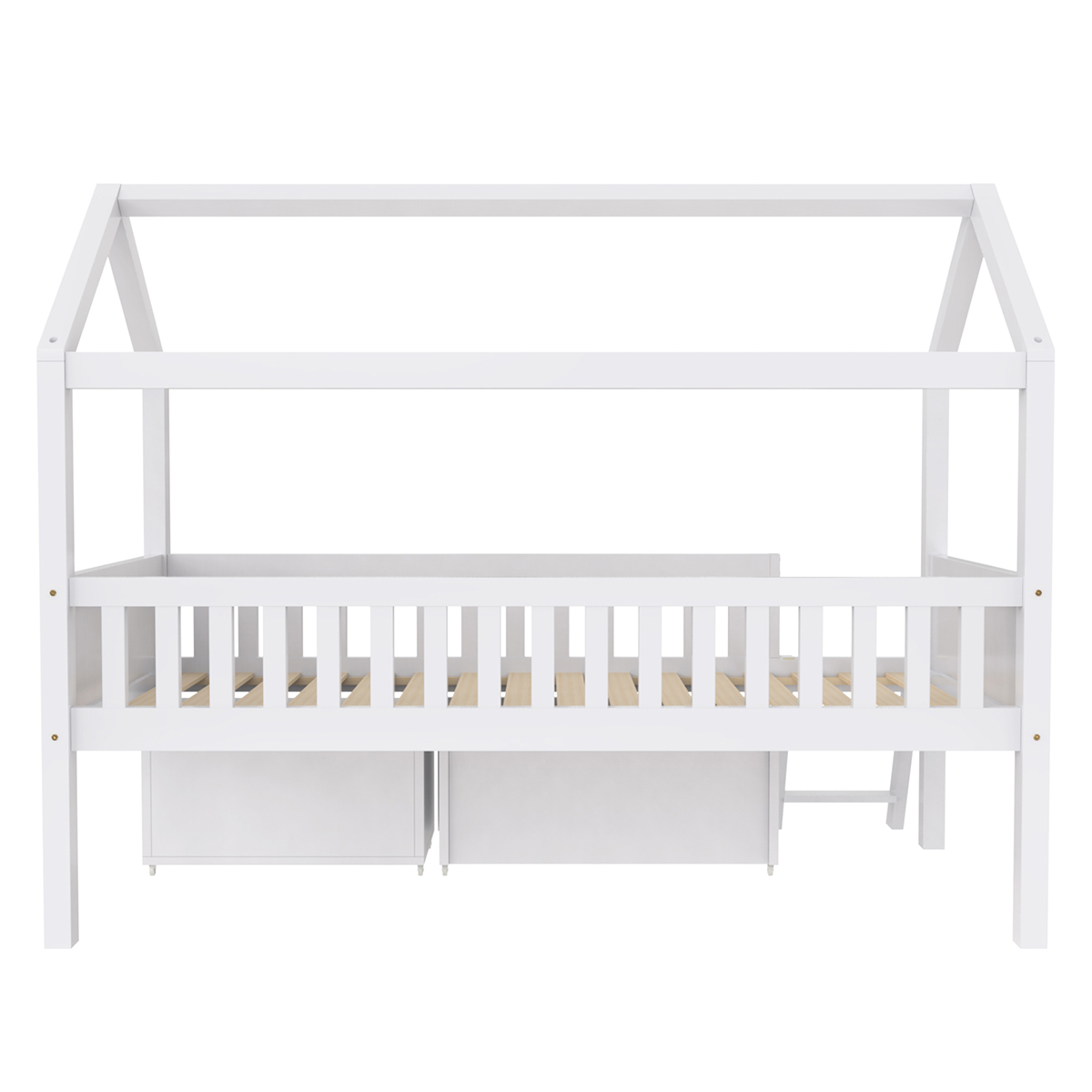 Kinderbett mit Schubladen und Ablagefächern Anti-Drop-Geländer Hausbett Jugendbett für Jungen und Mädchen 200x90cm Weiß