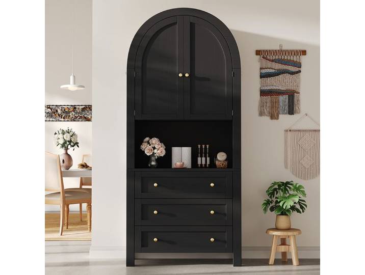 Armoire haute Vitrine rangement Tiroirs portes étagères cuisine salon Noir