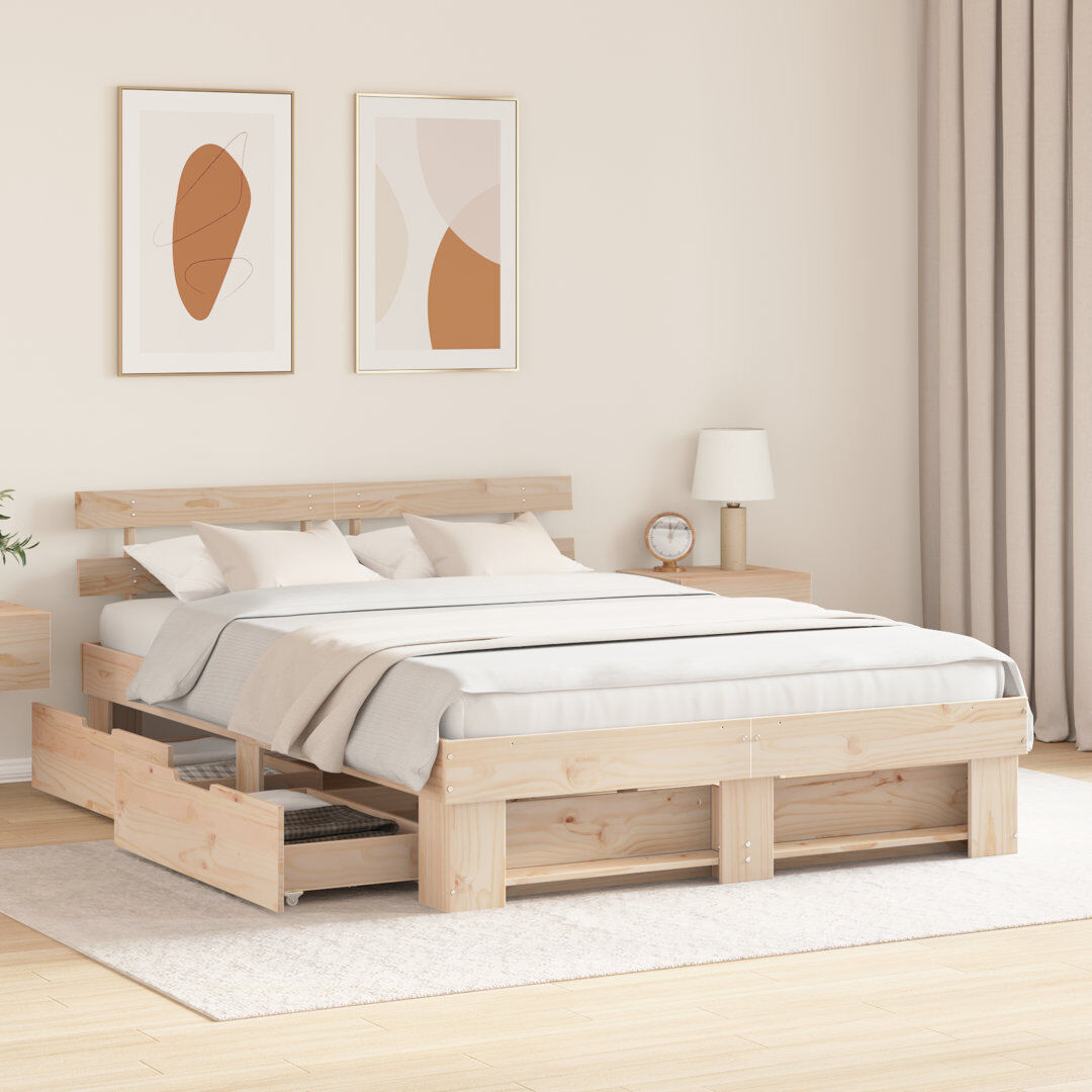 Gracie Oaks Bed Frame with Headboard Solid Pine Wood Brown Kingsize (5')