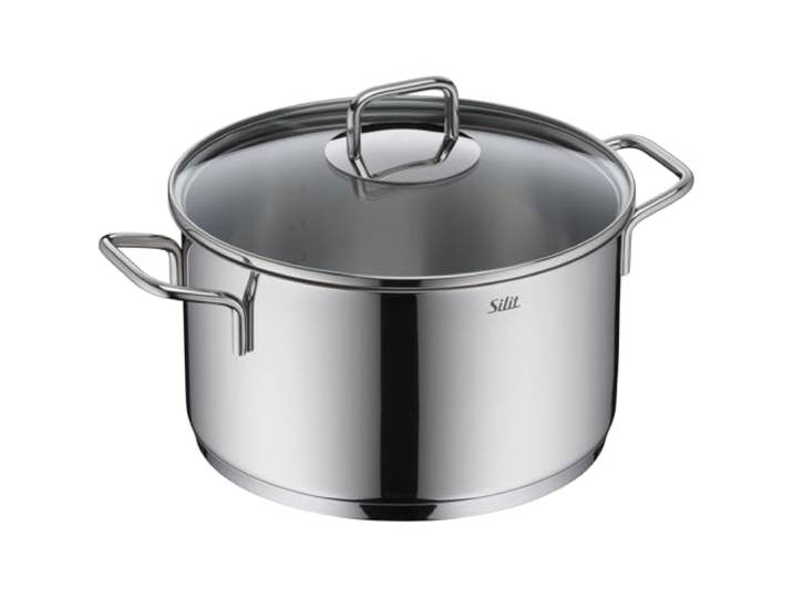 Silit Extra Cook, Kochtopf 24 cm mit Glasdeckel, Innenskalierung, breiter Schüttrand, hochwertiger spülmaschinenfester Crominox-Edelstahl, Bratentopf groß, optimale Wärmeverteilung, Induktion