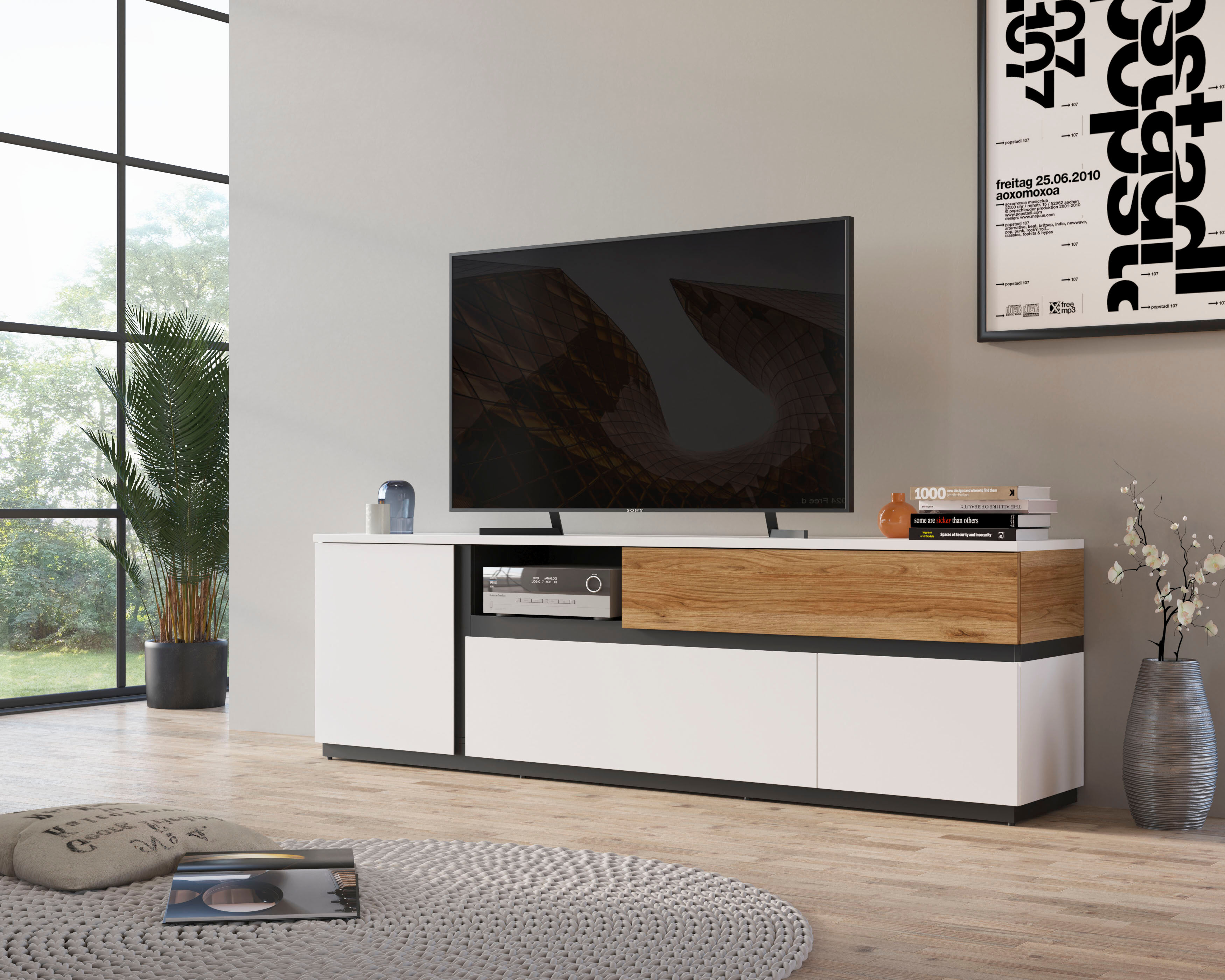 Lowboard HOME AFFAIRE "Novena", weiß (alpinweiß, catania eiche, schwarz), B:210,5cm H:63,4cm T:40cm, Holzwerkstoff, Sideboards, Lowboard, Breite 211 cm