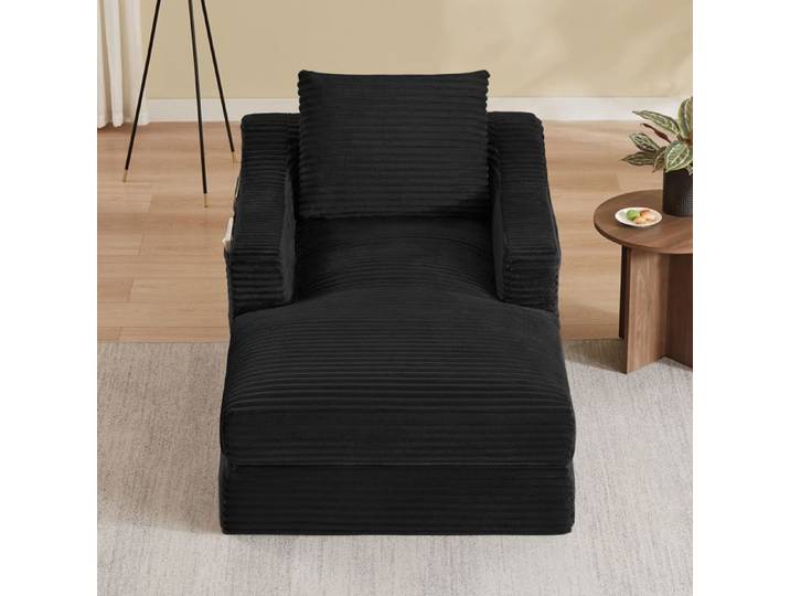 WOVREO Chauffeuse 1 place convertible 160 x 100 x 85 cm velours côtelé noir double couche