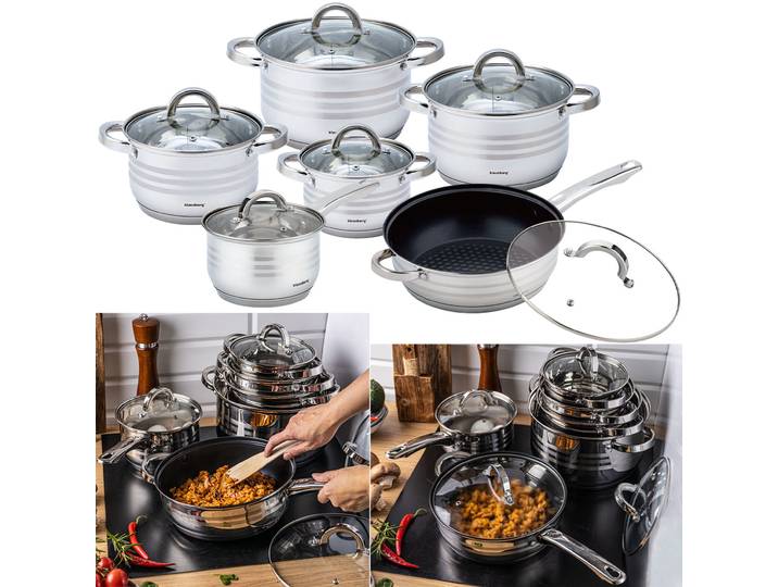 Edles Kochtopf-Set aus Edelstahl mit Glasdeckel, silberne Griffe, 6-teilig