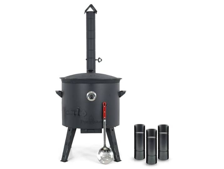 Utschak Feuerofen Ø 49 cm & Gusseisen-Kasan 22 L Kazan-Set mit Deckel Usbekischer Kochtopf für Grill & Plov Flacher oder Runder Boden Wählbar