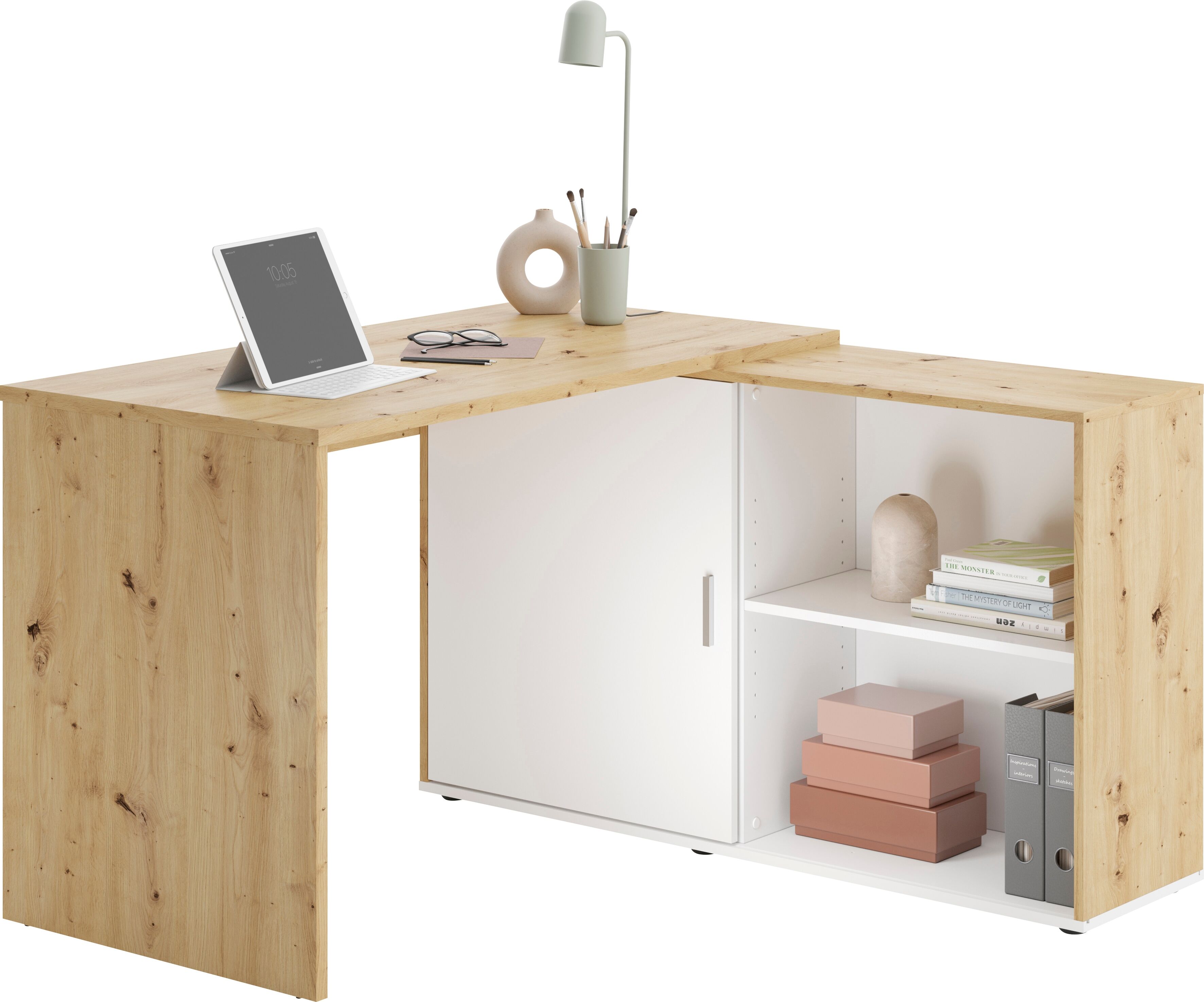 Eckschreibtisch FMD "Valley", weiss (artisan, oak weiß, artisan, oak weiß, artisan, oak weiß), B:118cm H:75cm T:60,5cm, Tische, Eckschreibtisch, Eckschreibtisch mit variablem Stauraum, Breite 118 cm artisan, oak weiß, artisan, oak weiß, artisan, oak weiß 
