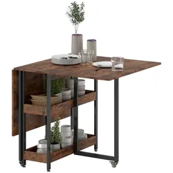 MODFU Klappbarer Esstisch Holz Braun 133,4x80x75 cm mit 2 offenen Ablagen und Rollen