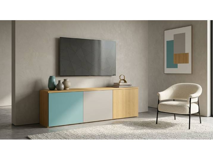 30 cm tiefes Sideboard mit bunten Türen Echtholz Furnier Eiche geölt
