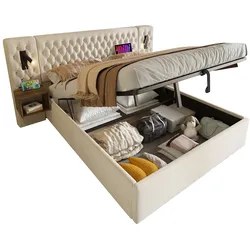 Komplettbett 160x200 cm, Polsterbett Beige Samt mit hydraulischem Stauraum, Lattenrost, 2 Nachttischen & integrierten Leselampen