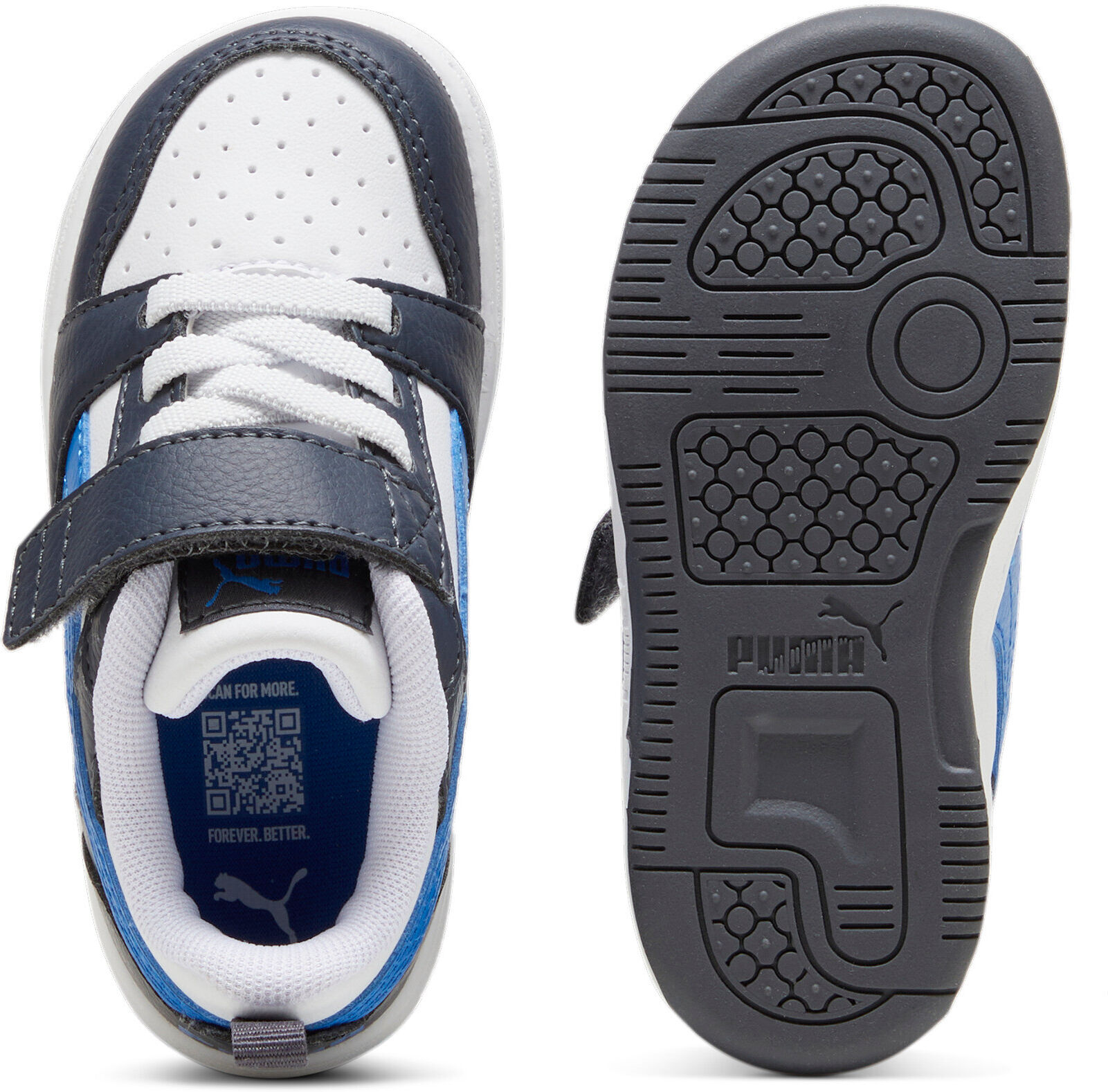 Sneaker PUMA "REBOUND V6 LO AC+ INF", Jungen, Gr. 20, blau (puma weiß, hyperlink blau, galactic gray), Synthetik, mehrfarbig, Schuhe Sneaker, mit Klettverschluss, weiche Einlegesohle, profilierte Gummilaufsohle puma weiß, hyperlink blau, galactic gray 20