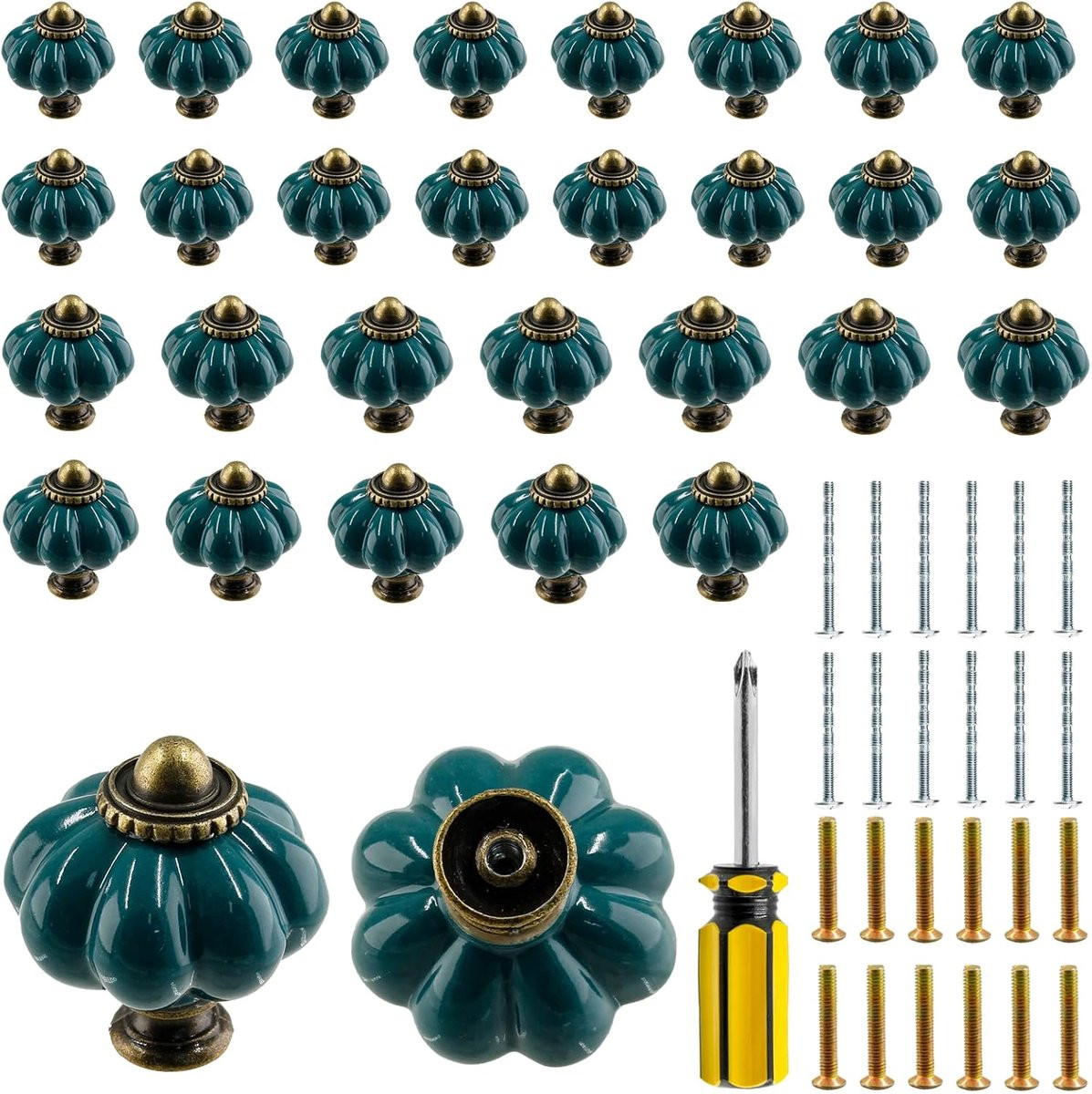 30 stuks Keramische Knopjes in Pompoenvorm - Turquoise - Meubeldecoratie inclusief montagemateriaal