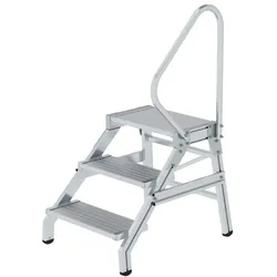 PROREGAL Montagetritt mit Handlauf | 3 Stufen | Aluminium geriffelt | Rutschfeste Kunststoffschuhe