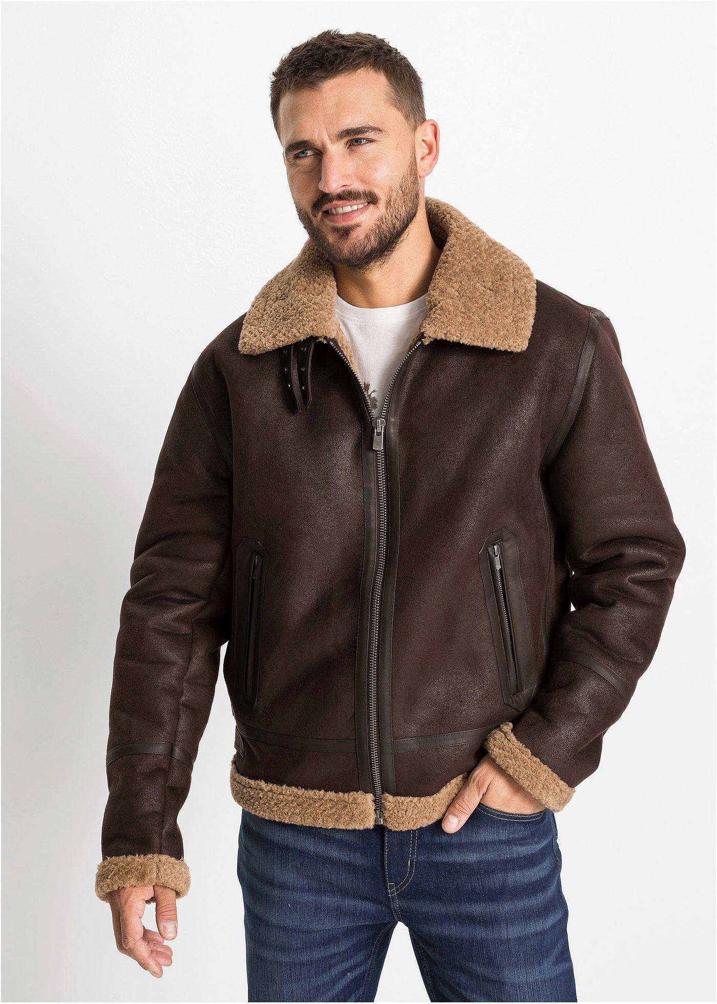 bonprix Lederimitat-Jacke mit Teddyfutter, braun, Gr.58, Kernige Lederimitat-Jacke mit TeddyfutterLederimitat