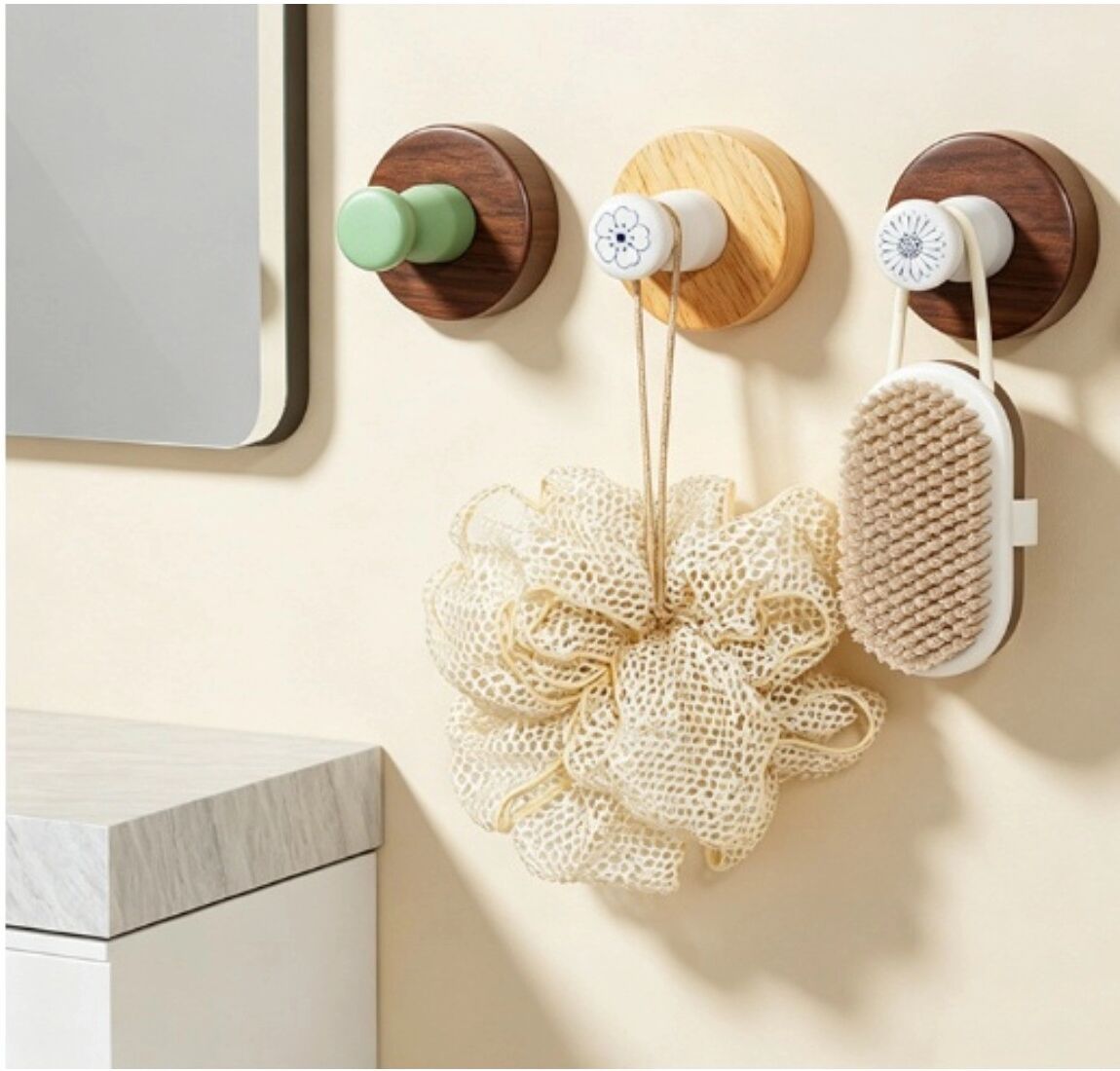 INF Crochet d'entrée en bois de hêtre sans perçage avec bouton céramique blanc pêche - Crochet mural adhésif en bois massif,