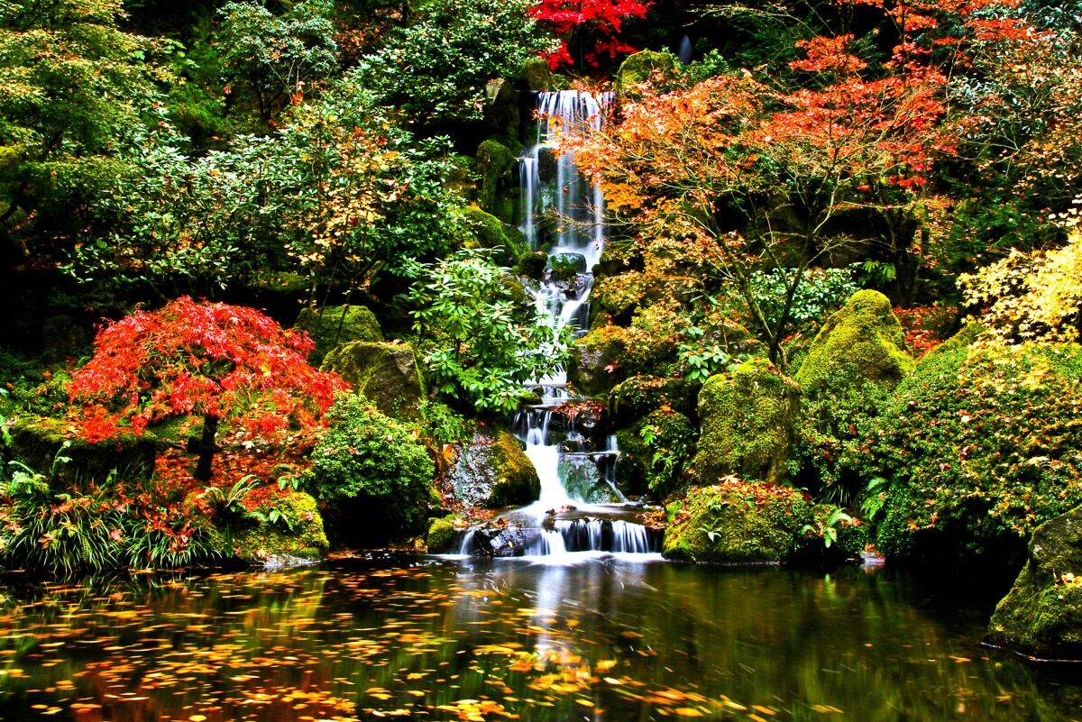 Fototapete PAPERMOON "Wasserfall in Japanischen garten", bunt, B:1,5m L:1,11m, Vlies, Tapeten, Fototapete bunt B/L: 1,5m x 1,11m, Bahnen: 7 Stk.