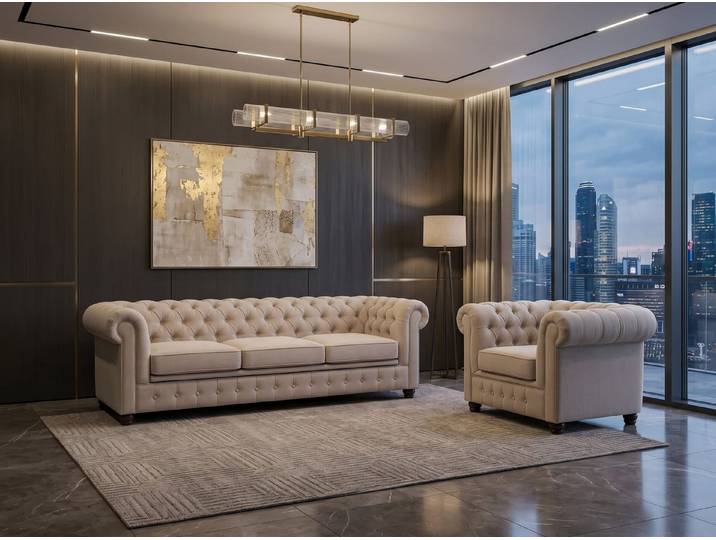 Xlmoebel Chesterfield-Sofa Beiges Chesterfield Sofa Set 3+1-Sitzer mit Sessel, 2 Teile, Gestepptes Design