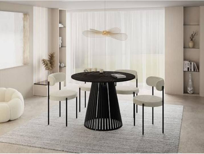 WFL GROUP Esstisch Rund Ausziehbar mit Lamellen im Loft-Stil – 100 bis 180 cm – Industrieller Tisch mit Schwarzen Metallbeinen, Platzsparend für Wohnzimmer oder Esszimmer – Marmor Schwarz
