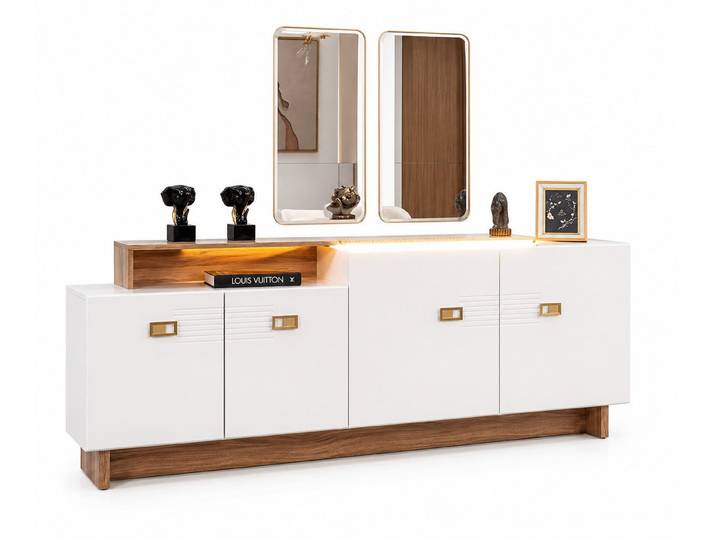 JVmoebel Sideboard Elegantes Braun-Weißes Sideboard Edler Spiegel LED Beleuchtung, Made in Europa