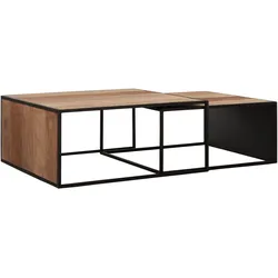 Couchtisch Cosmo 2er-Set Teakholz, modern industrial Design, natur, Metallgestell schwarz
