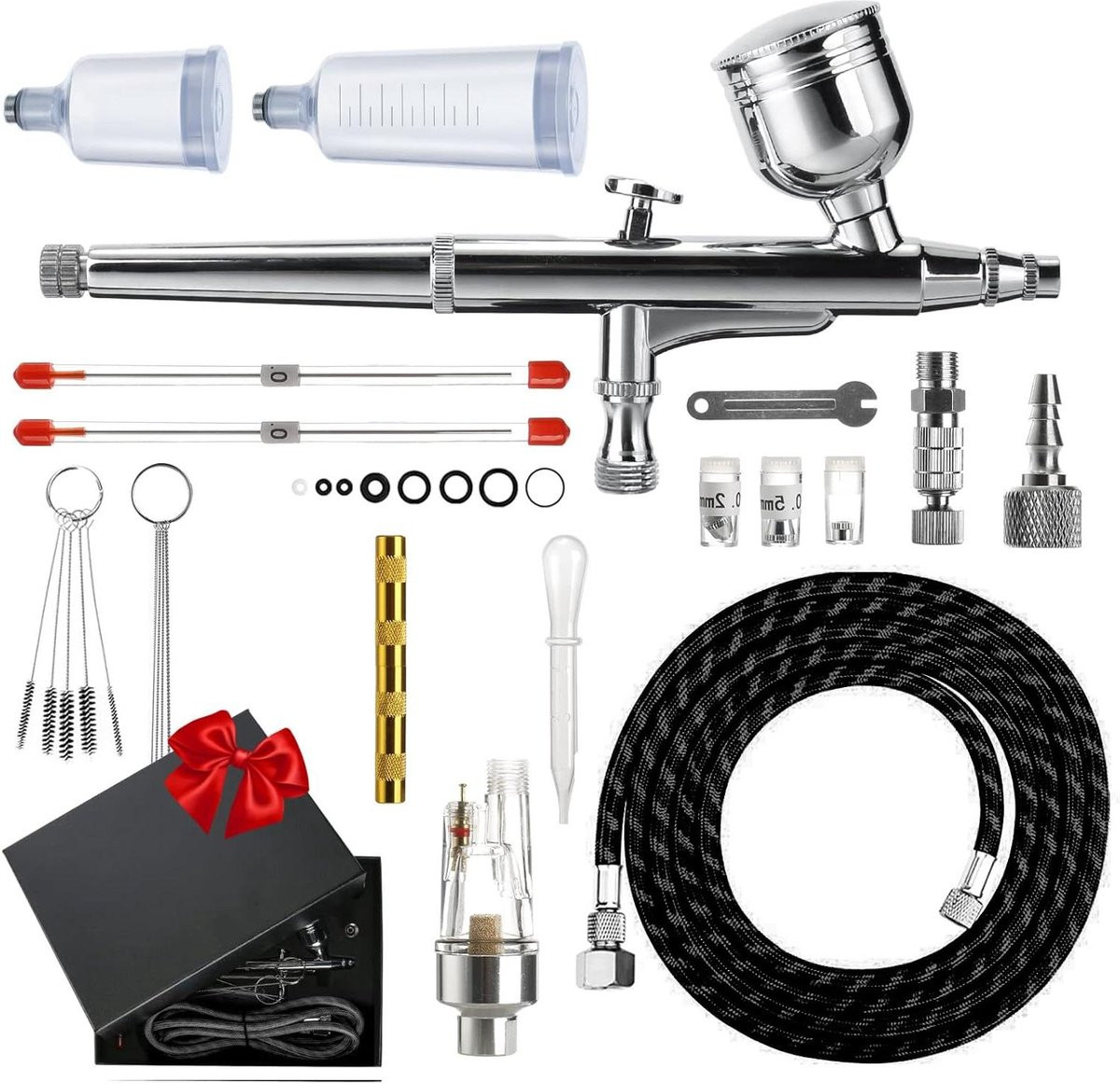 Markenlos Dubbelwerkende Airbrush Pistoolkit met Reinigingsset en Nozzles van 0,2 mm, 0,3 mm en 0,5 mm in Zilver