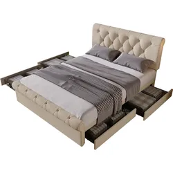 Doppelbett Polsterbett 140x200 mit 4 Schubladen, höhenverstellbares Kopfteil, Stauraumbett, Massivholz & Leinen, Komfort Natur