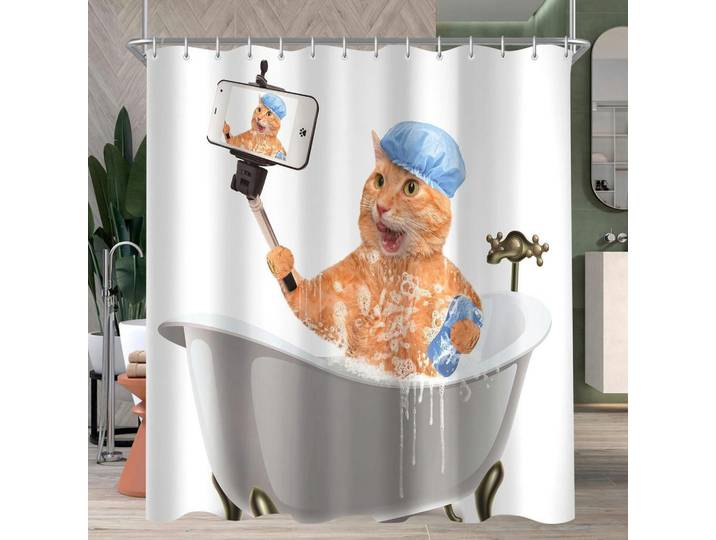 Duschvorhang Cat Selfies 160 x 160 cm, Mehrfarbig, 160x160 cm, Heimtextilien, Badtextilien, Duschvorhänge