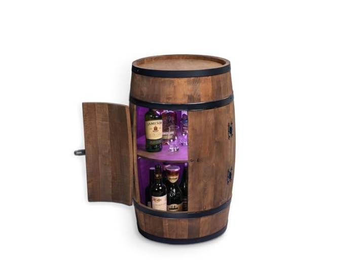 CREATIVE COOPER Fassbar Stehtisch mit Tür und LED RGB - Alkoholschrank Flaschenregal Holz - Holzfass - Fassmöbel - Wineregal - Whiskybar- Weinfass mit Tür - 80 cm (wenge)