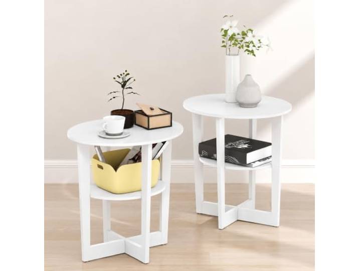 Furinno TIDUR 2-stöckiger Nachttisch, oval, Weiß Runde Kante, offenes Regal, Nachttisch, Nachttisch, Beistelltisch, Beistelltisch, für Schlafzimmer, Wohnzimmer