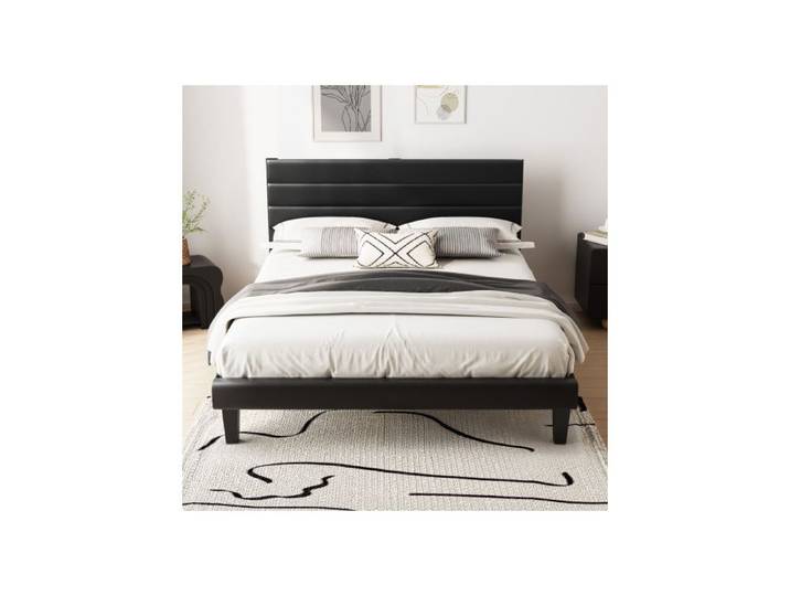 Lit 160x200 Noir - PU Leather - VINGLI - Avec Sommier - Tête Tapissier - Montage Facile