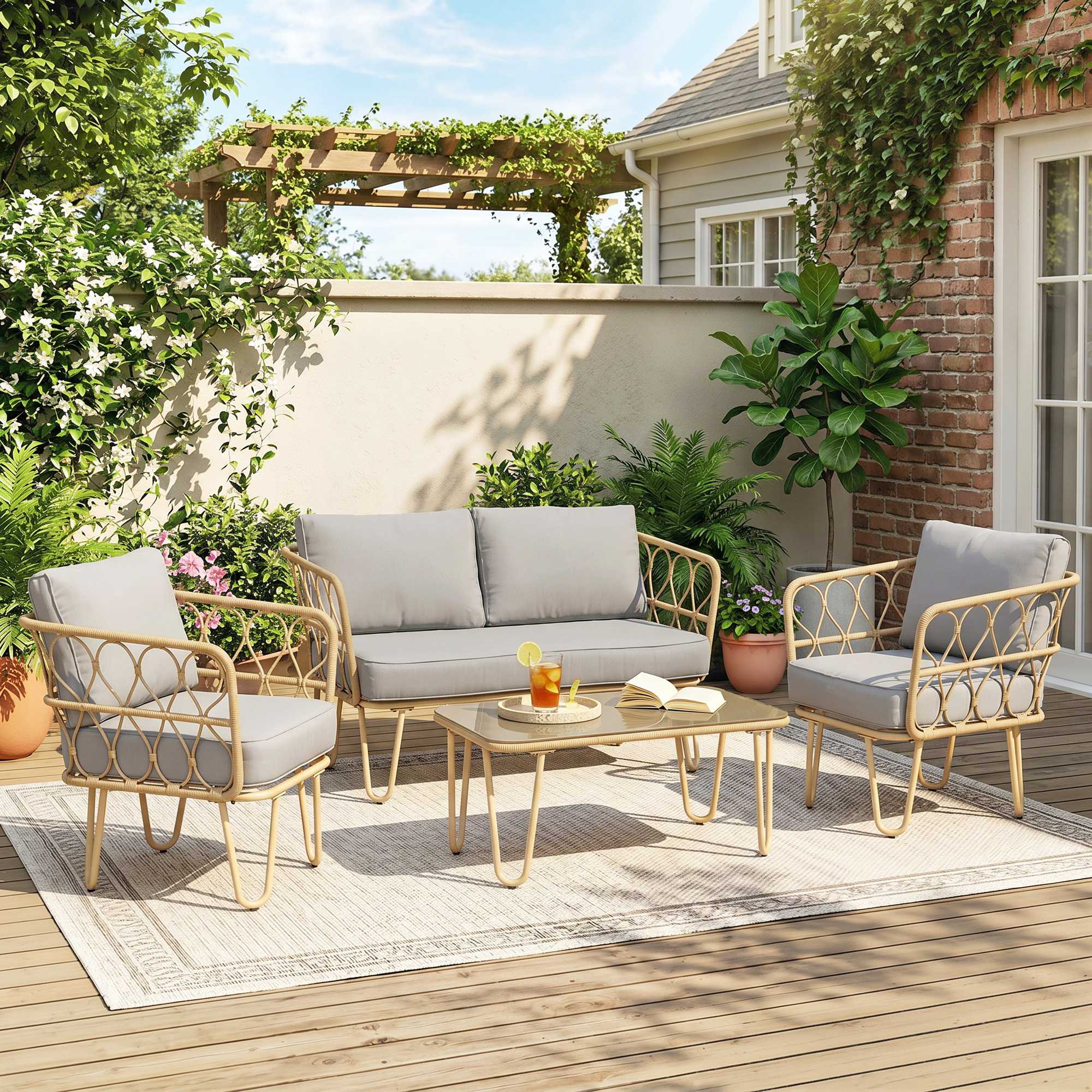 Outsunny Salotto da Giardino Rattan 4 Pezzi con Divano 2 Posti, 2 Poltrone e Tavolino con Piano in Vetro, Cuscini Sfoderabili e Lavabili, Giallo Aosom