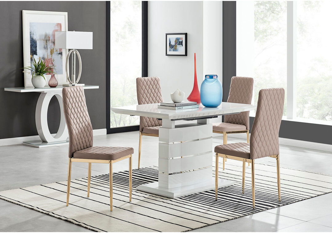 Canora Grey Renne Modern High Gloss Extendable Dining Table Set With 4 Quilted Faux Leather Dining Chairs Cappuccino/Gold 4