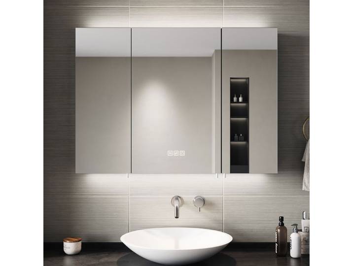 SIRHONA Armoire Miroir Salle de Bain Noir 90x65x13cm Anti-buée Tactile Miroir avec Armoire de Rangement