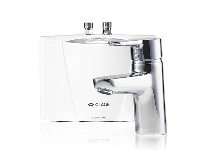 CLAGE MCX Blue Klein-Durchlauferhitzer 3,5 kW Set mit Armatur und Stecker Elektronisch geregelt, 3 Temperaturstufen, druckfeste Armatur, steckerfertig, für Handwaschbecken, VDE-GS geprüft, 1500-15133