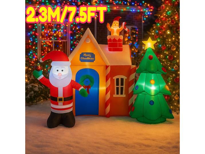 Maison gonflable du père noël, 2.3M/7.5 pieds, lumières d'arbre de noël, décorations LED pour la maison, jouets de cour, fournitures de vacances de noël, ornements