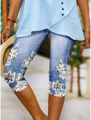 LightInthebox Women's Leggings Capri Pants High Elasticity Vacation Fashion Hawaiian Calf-Length Mid Waist Floral Graphic Printing Breathable Soft Vacation Casual Daily Lake blue Summer Spring Regular Fit