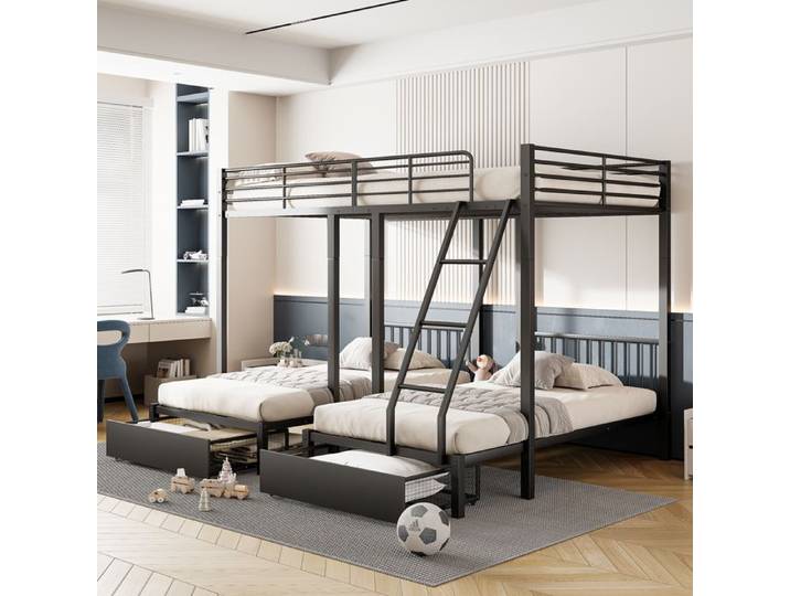 Lit superposé triple convertible métal 140x200 + 2 × 90x200 avec tiroirs - noir
