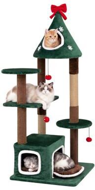 "Costway 54""Christmas Cat Tree with 2 Condos and Removable Cushion-Green"