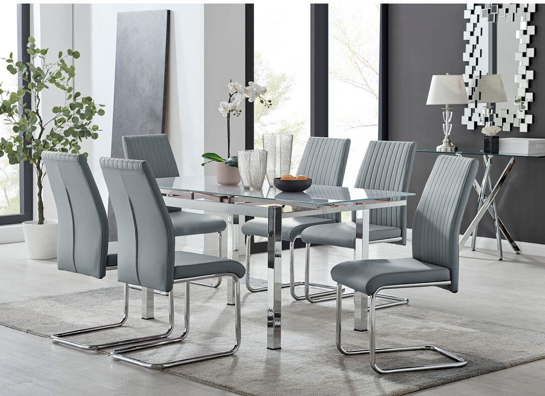 Mercury Tierra Modern Glass & Metal Extendable Dining Table Set & 6 Luxury Faux Leather Dining Chairs Grey 6
