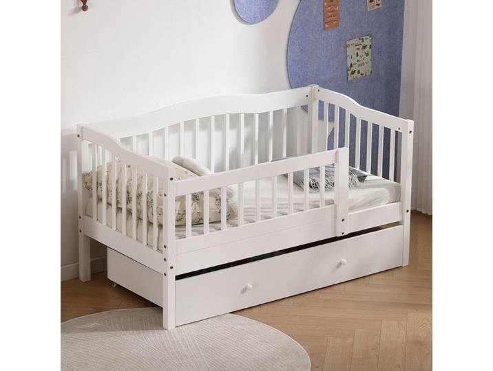 Lit enfant - LALAHO - 80x160 cm - Pin massif - Grand tiroir - Barrière de sécurité amovible