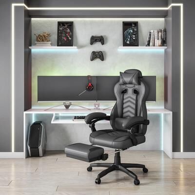 Techni Mobili Gaming Racing Style Fully Reclining Executive Office Chair with Footrest, Black & Grey
