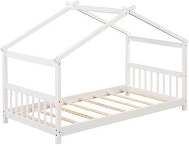 Costway Twin Size Wooden House Bed with Roof-White