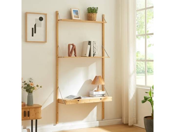 [en.casa] Wandregal Tingvoll Hängeregal 176 x 85 x 32 cm Bücherregal schwimmendes Regal mit Zwei Ablagen und Zwei Schubladen Schweberegal Bambus in Naturfarben