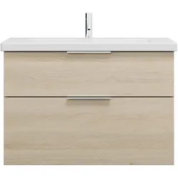 burgbad Eqio Keramik-Waschtisch inklusive Waschtischunterschrank, Breite 930mm, SEYQ093F3180C0001G0146, Farbe: Eiche Dekor Cashmere / Eiche Dekor Cashmere, Griff Chrom G0146