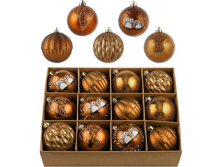 Weihnachtskugeln 12-teiliges Set 8 cm Kunststoff Bronze, Goldfarben, 8x8x8 cm, Dekoration, Weihnachtsdekoration, Christbaumschmuck, Christbaumkugeln
