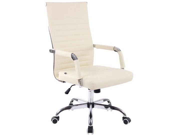 Fauteuil de bureau sur roulettes confortable hauteur reglable en synthetique creme cadre metal chrome BUR10571