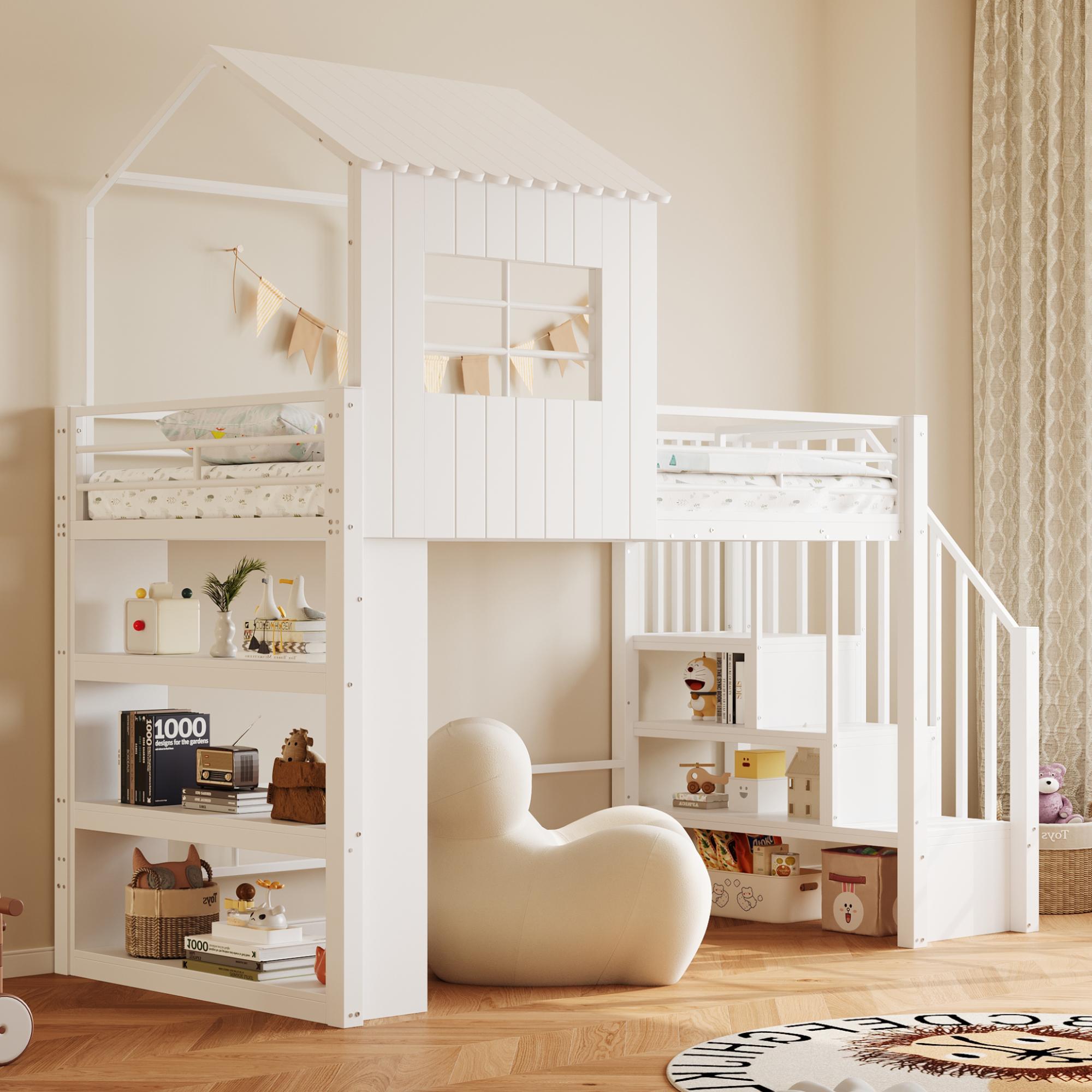 MODFU Kinderbett 90x200 mit Mehrstöckiges Stauraumregal Hochbett mit Hohes Schutzgitter Hausdesign Bettgestell mit Stauraumtreppe ohne Matratze Weiß